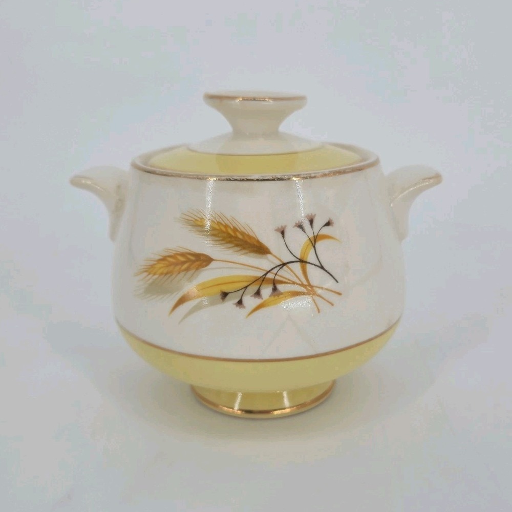 Century Service Autumn Gold Sugar Bowl Lid Wheat Yellow Gold Trim USA MCM Vtg